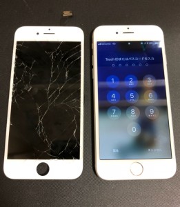 全体が割れている画面と修理完了後のiPhone6