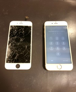 左から中央がバキバキに割れた画面と修理後のiPhone6