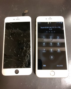 割れた画面と修理後のiPhone6Plus