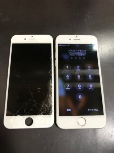 右下が割れている画面と修理後のiPhone6