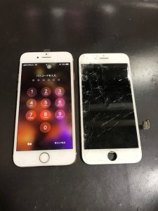 全体が割れた画面と修理後のiPhone7
