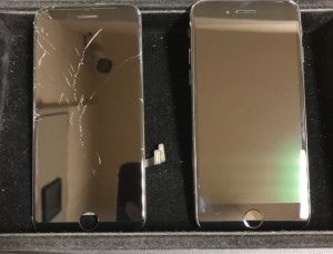 割れた画面と修理後のiPhone7