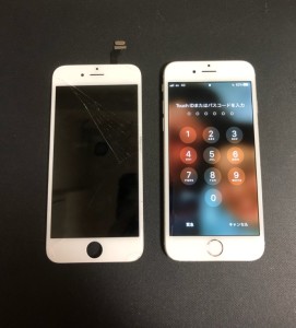 割れた画面と修理後のiPhone6