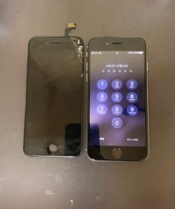 液晶漏れが起きている画面と修理後のiPhone6