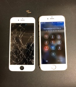 割れた画面と修理後のiPhone6