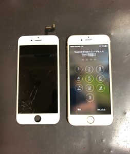 左下が割れている画面と修理後のiPhone6s