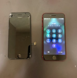 割れた画面と修理後のiPhone8