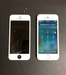 ホームボタン周りが割れている画面と修理後のiPhoneSE