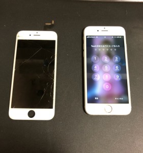 割れた画面と修理後のiPhone6s